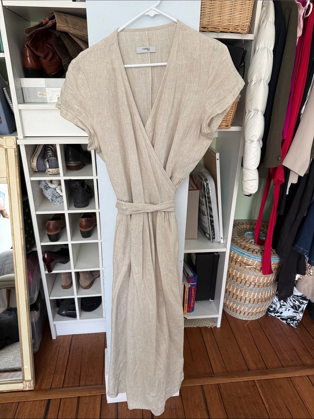Neutral Beige Linen Wrap Maxi Dress with Tie Waist
